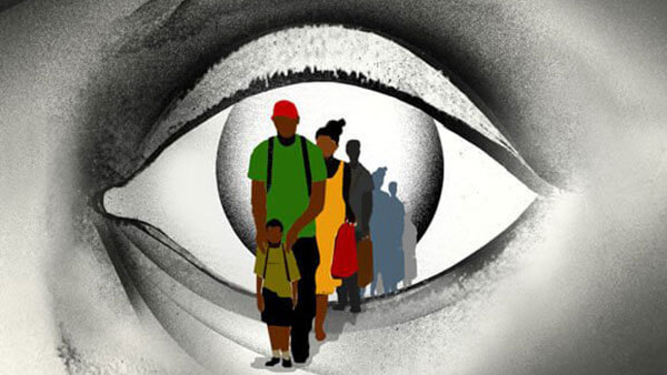 An illustration of a group Haitian asylum seekers walking through an eye.