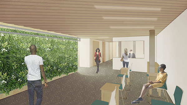 Rendering of the waiting room of the counseling center in Quinnipiac's new Recreation and Wellness Center