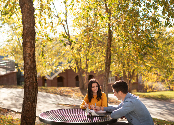 Two students study at a table on the Quinnipiac campus on an autumn day