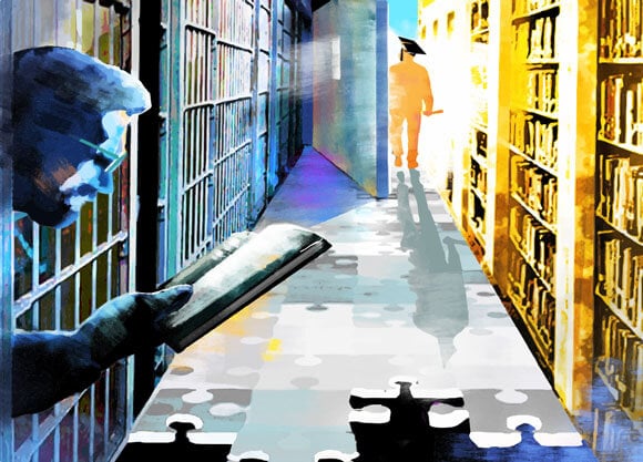 Illustration of a man in prison typing an essay on a computer
