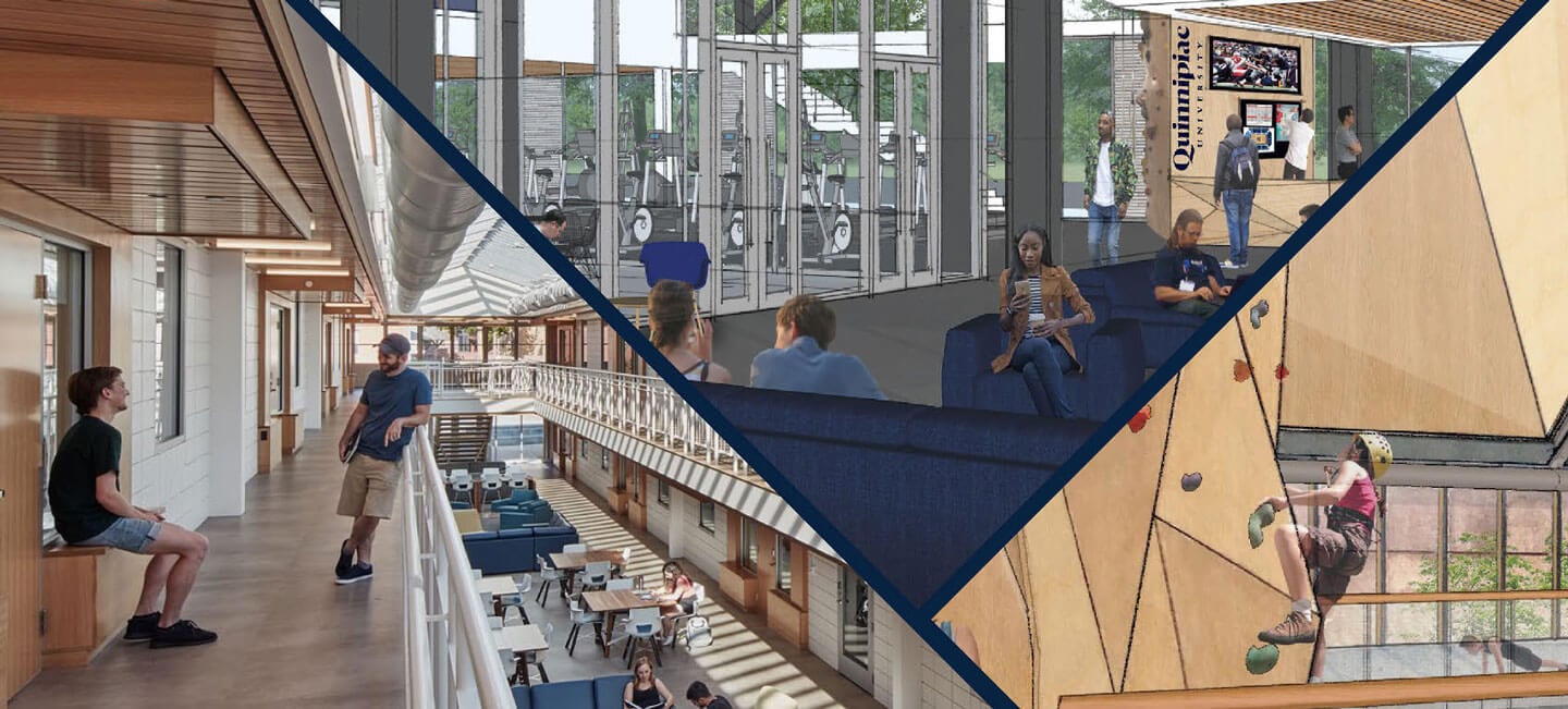 Renderings of the newly designed student center and other campus areas