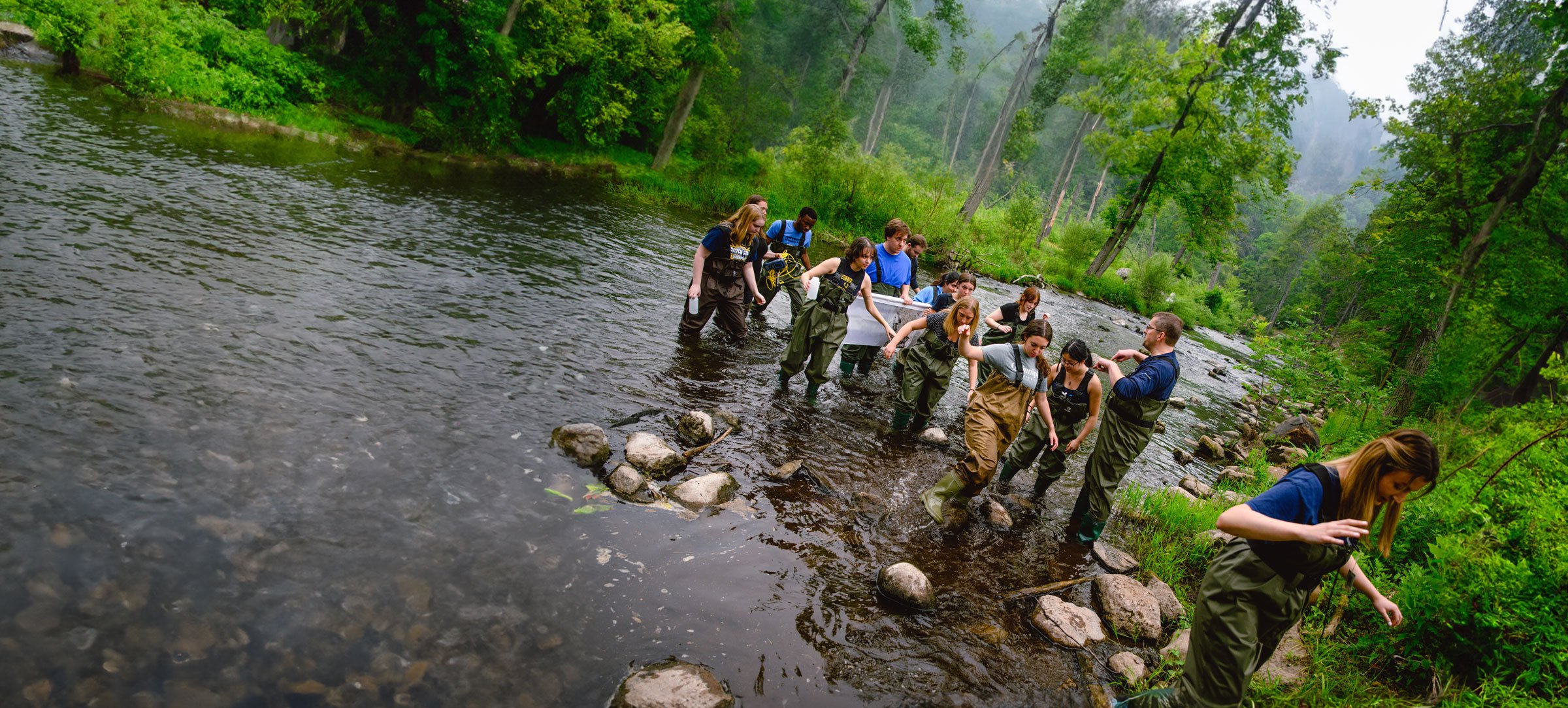 Students walk through a river during an analysis lab.