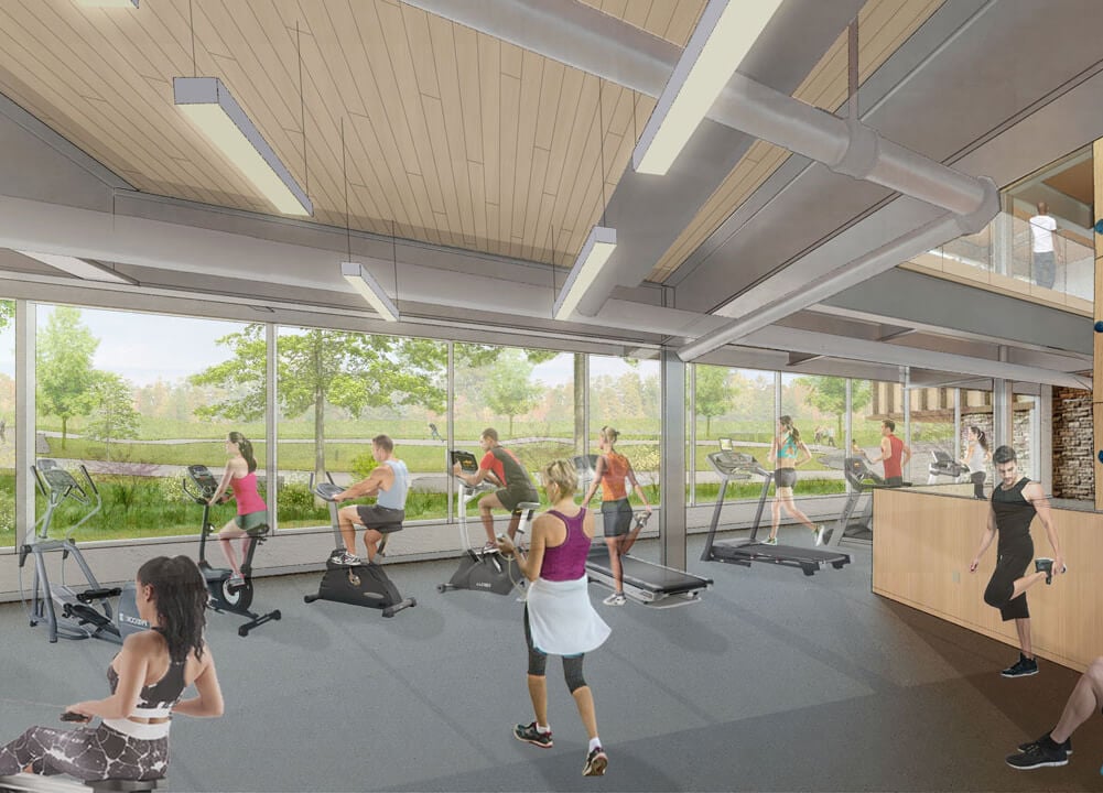 Rendering of students on fitness equipment and rock wall