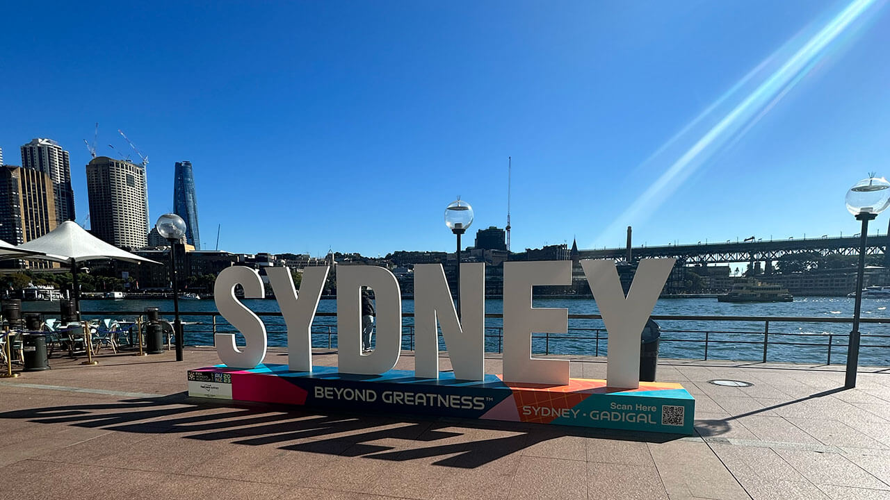 A sign that says Sydney on it by the water in Australia
