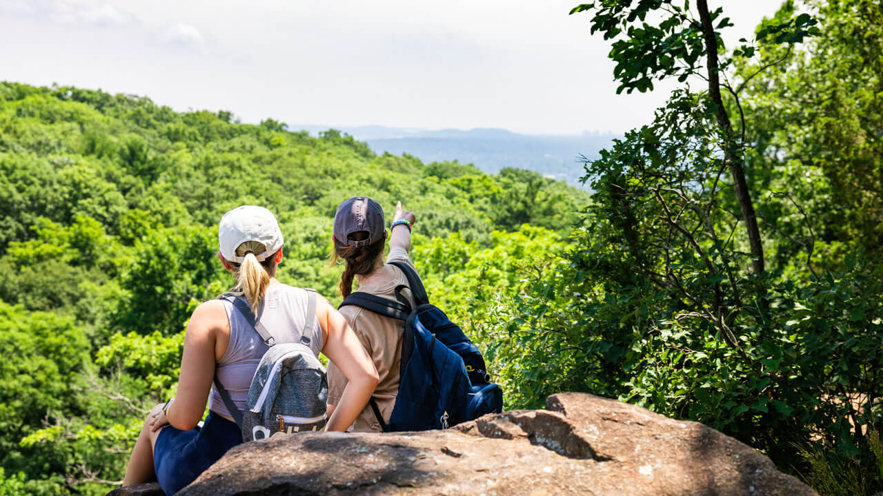 Students point and look out from a cliff at Sleeping Giant State Park