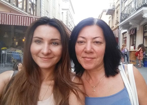 Photo of Natalya Franchi and her mother on a street in Ukraine