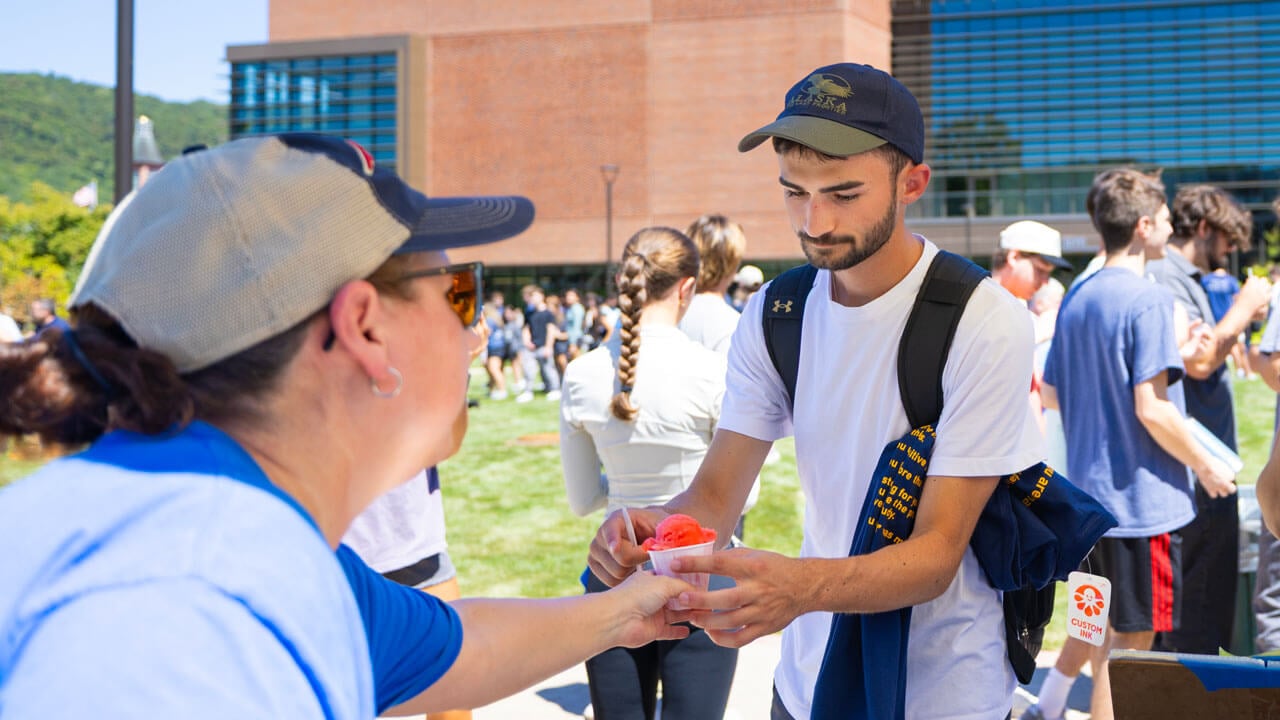 Student grabbing a slush treat on South Quad