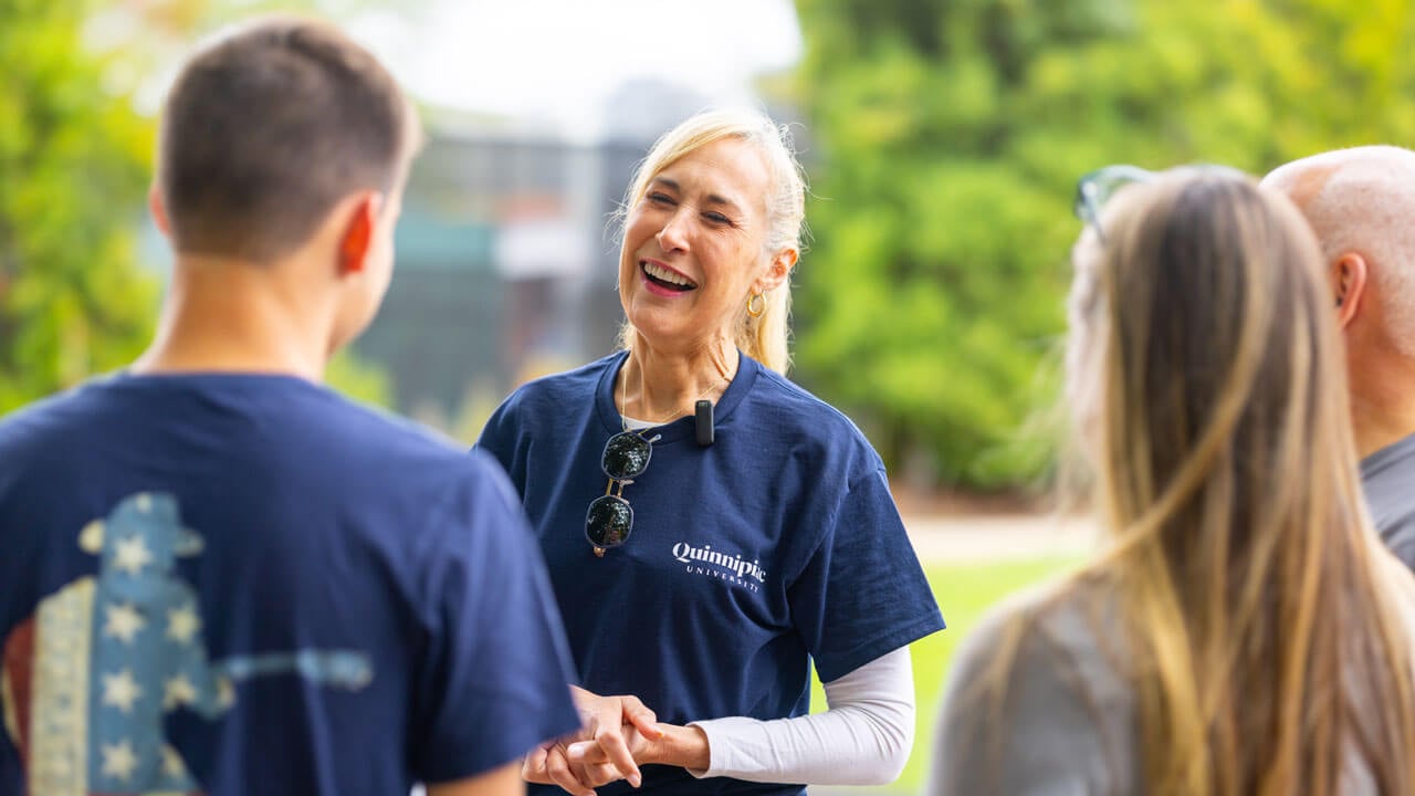 Quinnipiac University President Marie Hardin speaks to first year students and their families.