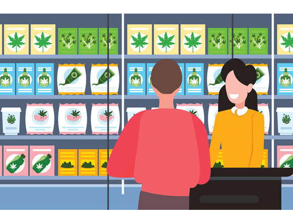 Illustration of two people conducting a sale at a legal cannabis store