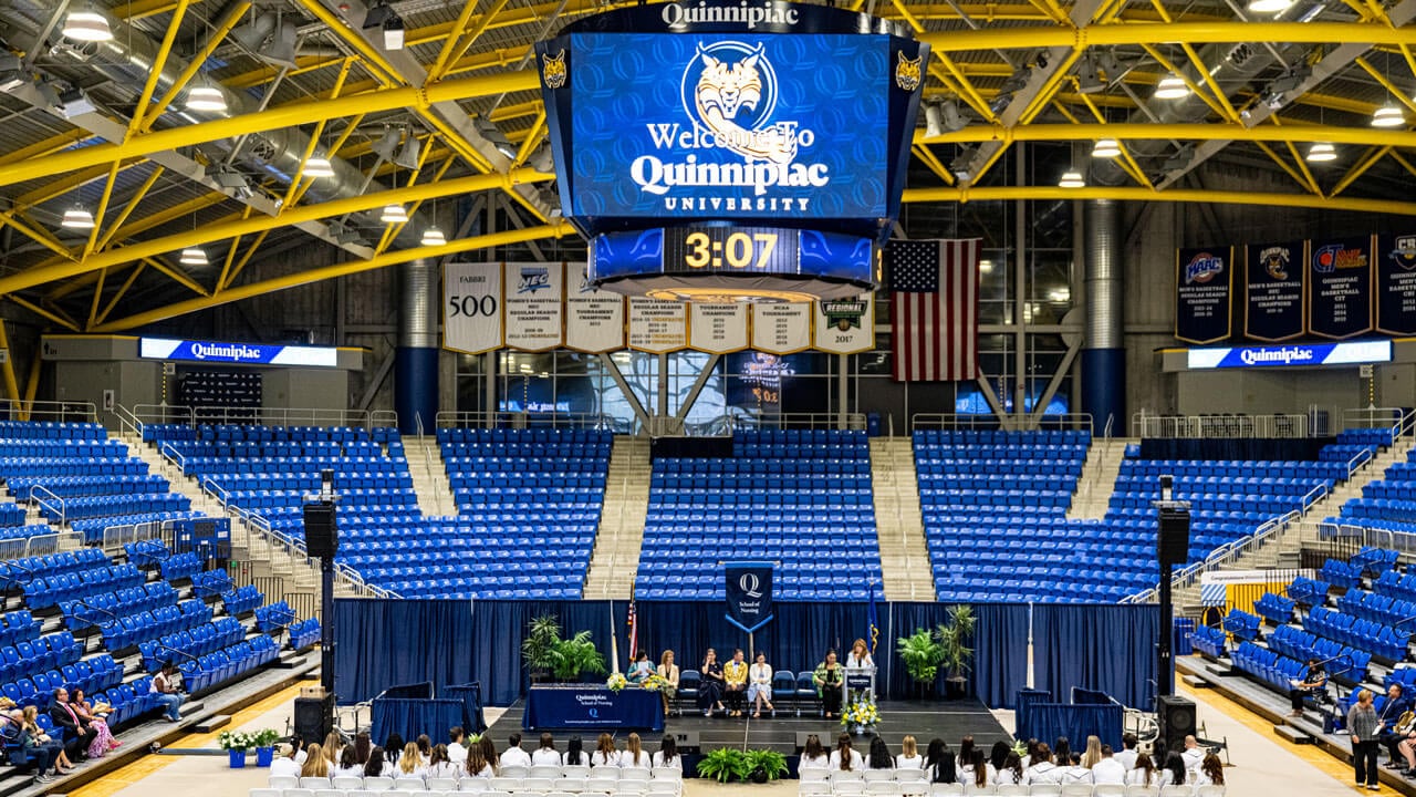 M&T Bank Arena with 'Welcome to Quinnipiac' signage