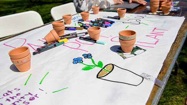 Student grow plants in mini pots during Earth Week