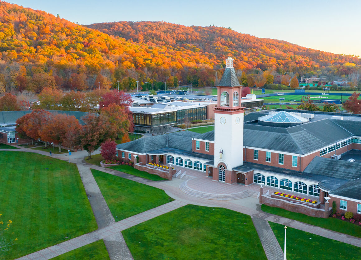 Aerial view of Mount Carmel Campus quad and library on a fall day