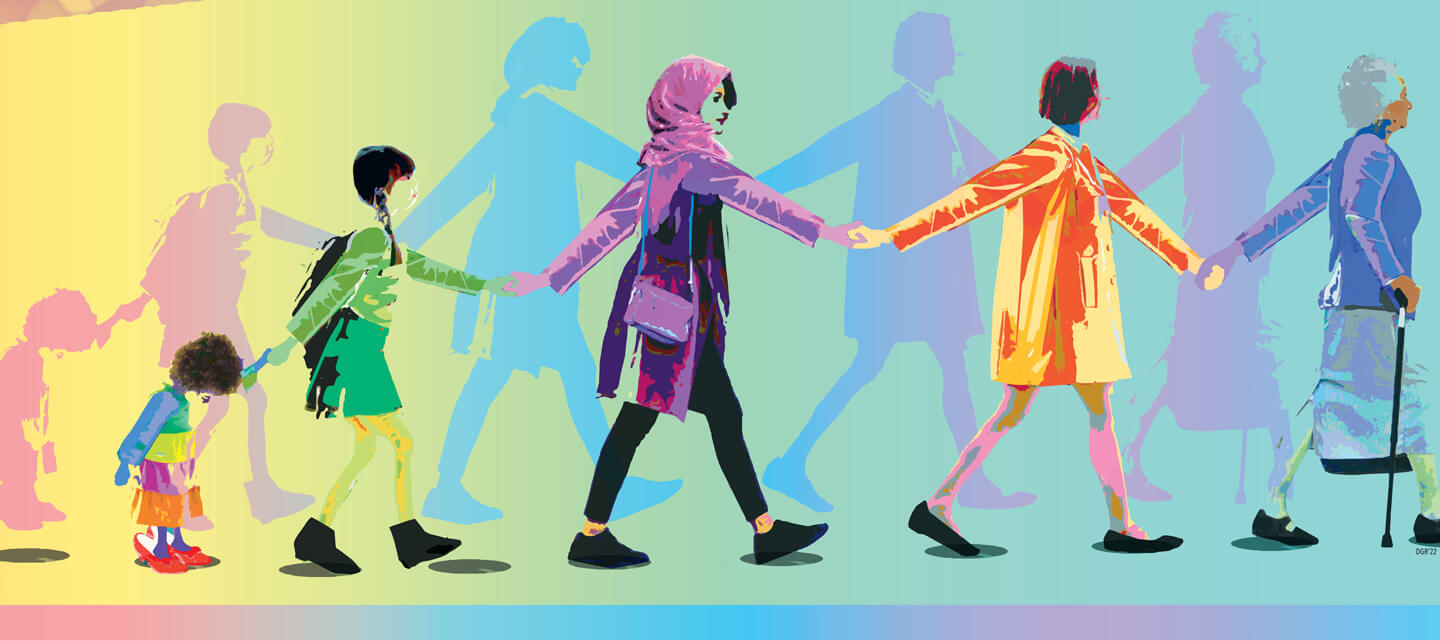 Colorful illustration of women of various cultures and ages guiding each other in a line