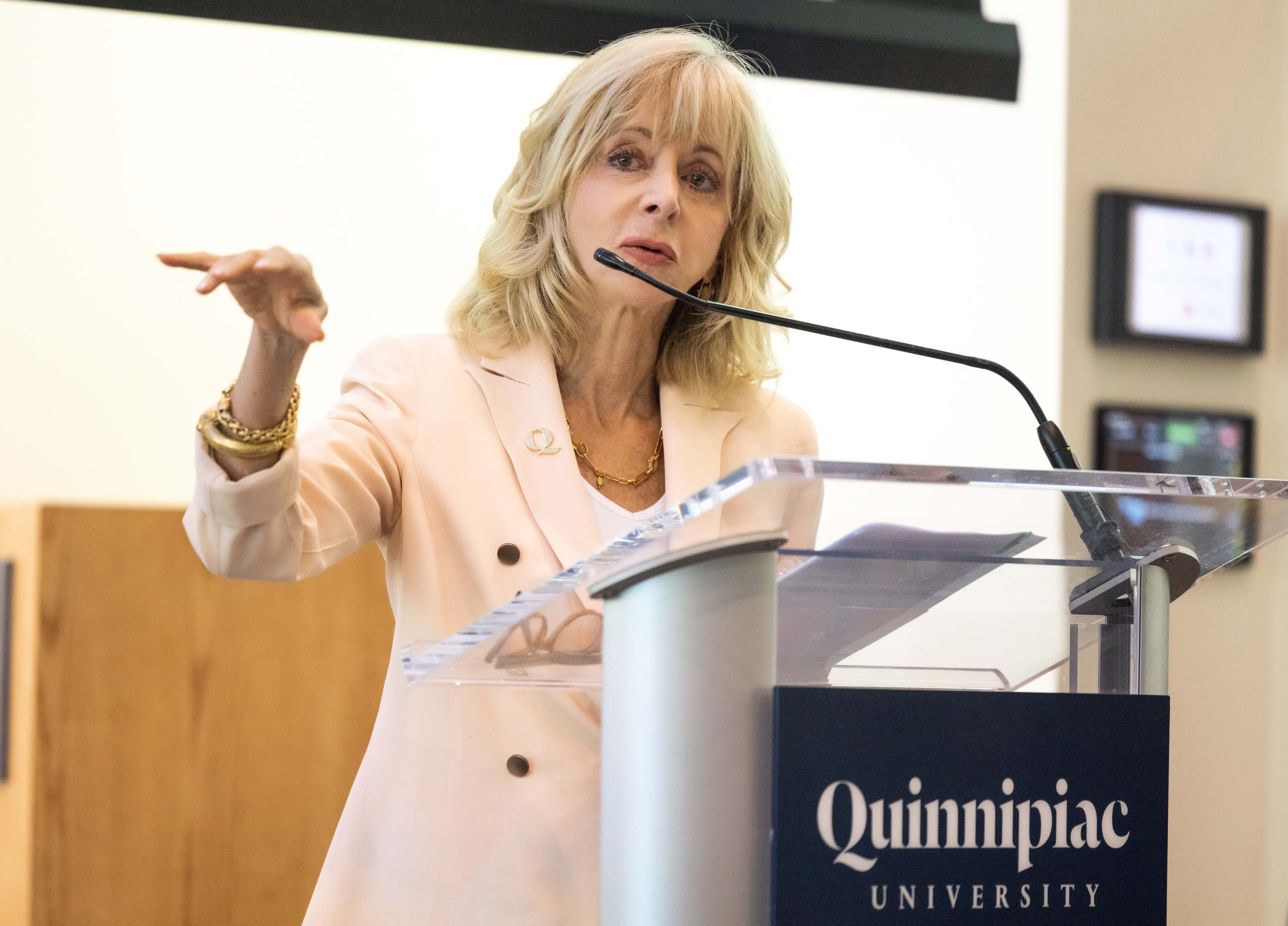 President Judy Olian gives a speech at the state of the university
