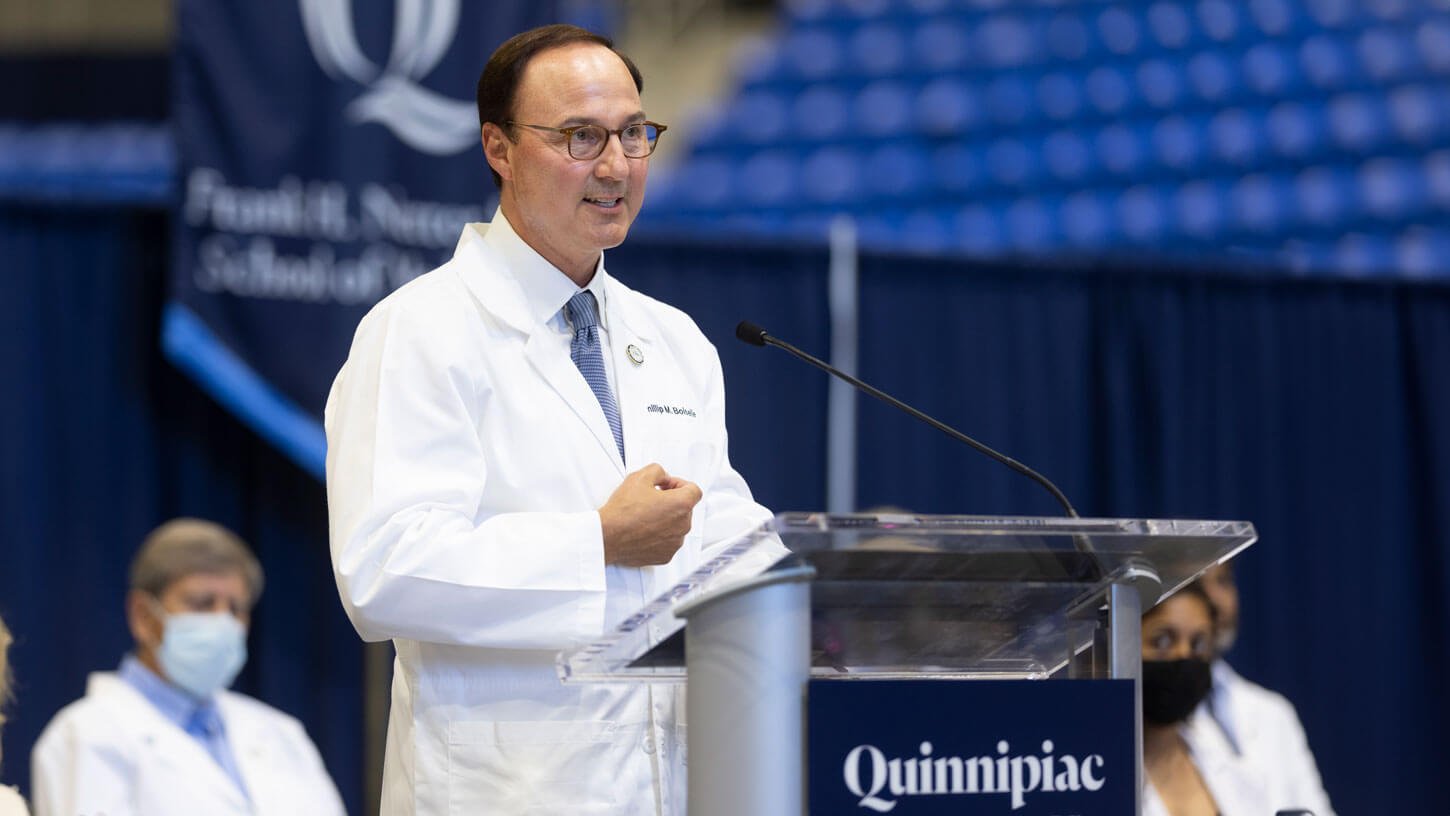 Dean Phillip Boiselle gives his remarks at the white coat ceremony.