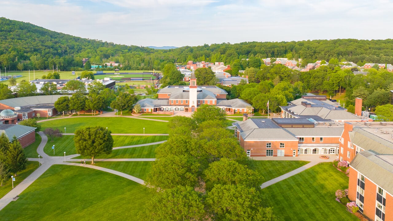 Aerial of the Mount Carmel Campus quad on a sunny, blue sky day