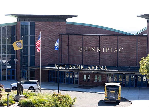 An exterior shot of the M&T Bank Arena on Quinnipiac's York Hill Campus