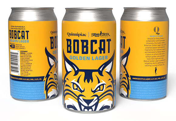 A photo of Quinnipiac's new branded golden lager in partnership with Stony Creek Brewery