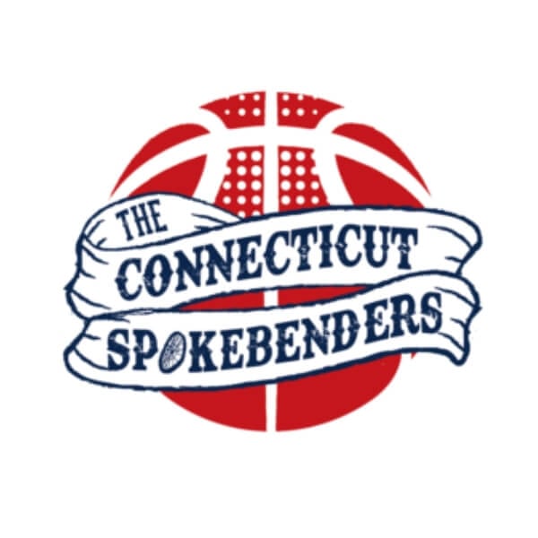 The Connecticut Spokebenders logo that features a red basketball and a white ribbon going around the basketball with the words "The Connecticut Spokebenders"
