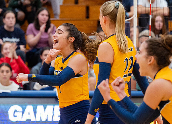 Women's volleyball players celebrate a win.