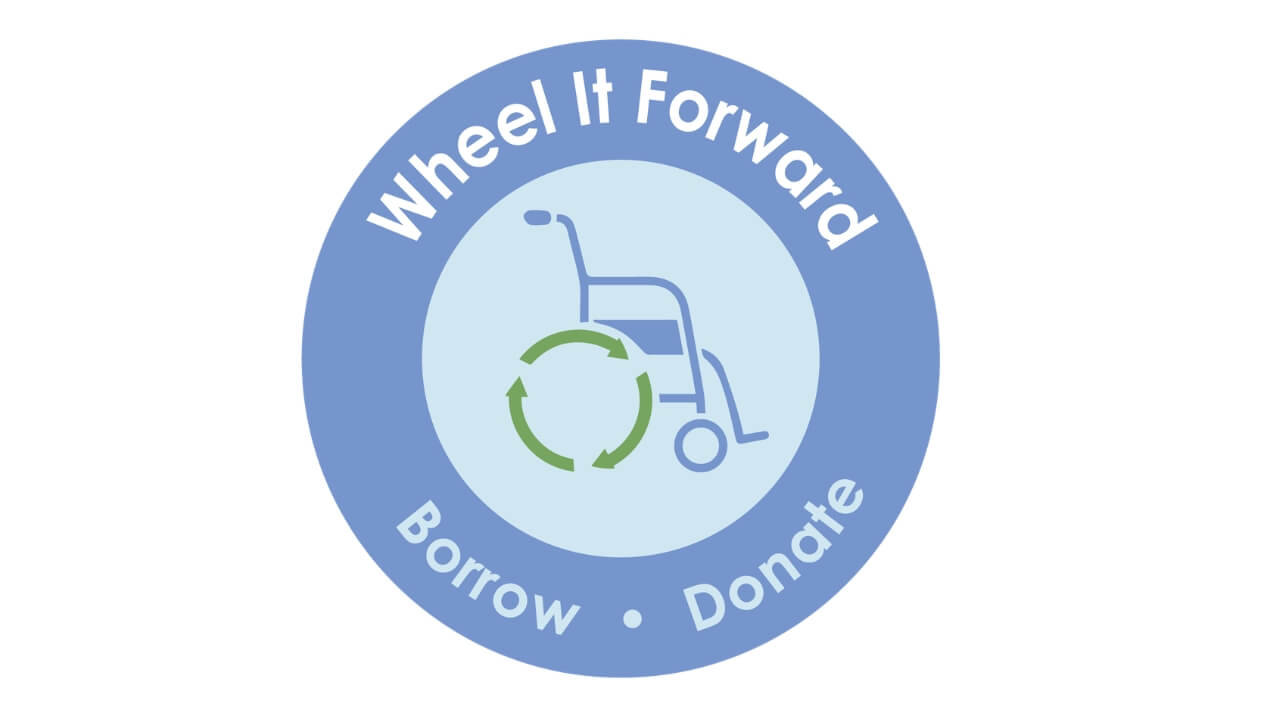 Blue and white Wheel it Forward logo that has a wheelchair graphic in the middle with the words borrow and donate