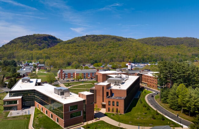 Aerial view of South Quad with the Sleeping Giant State Park in the background