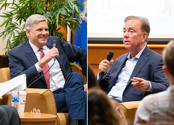 Bob Stefanowski and Governor Ned Lamont speak to an audience on the North Haven Campus