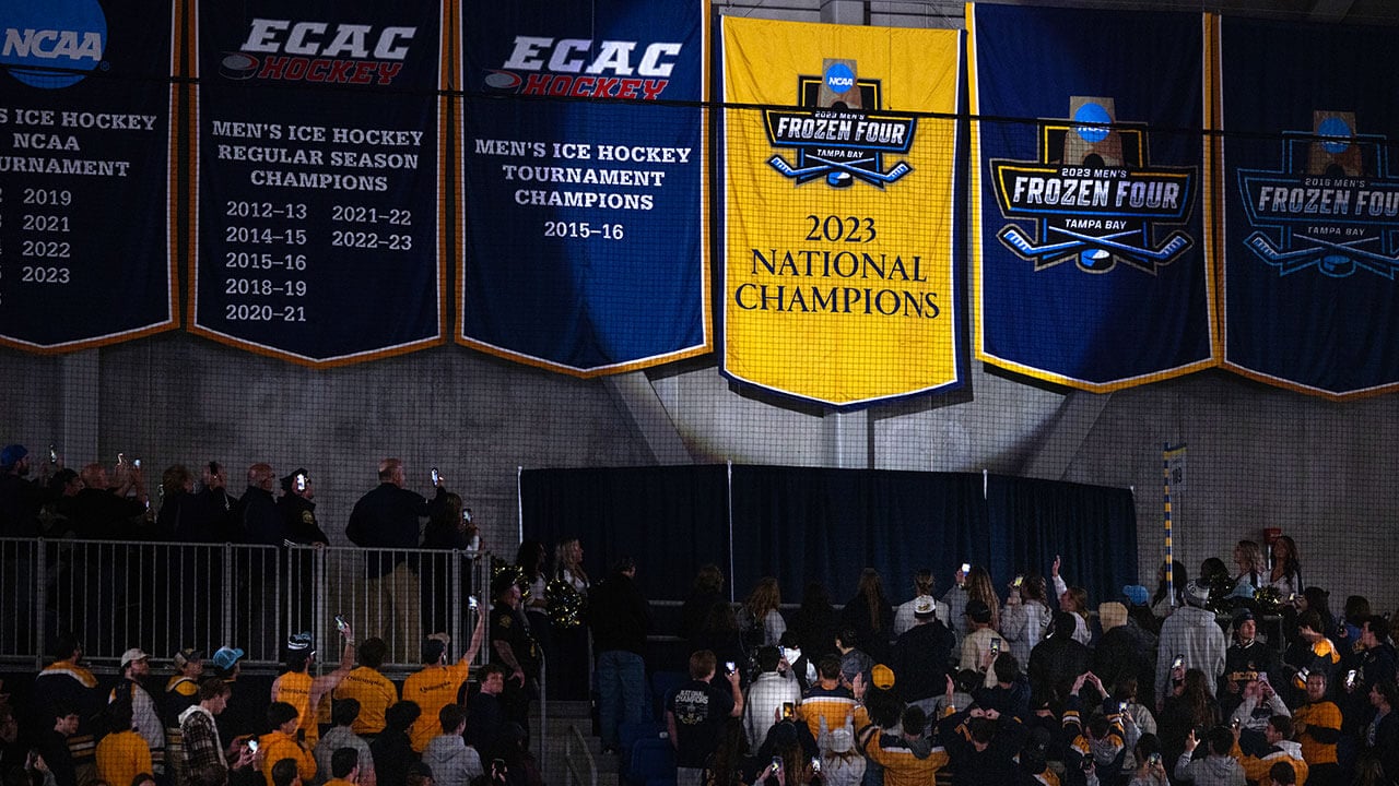 A spotlight shines on the new hockey banner
