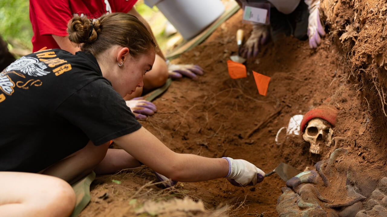 Students wearing gloves work in a dirt excavation pit, gently brushing away soil around a staged skull during a forensic science simulation at Quinnipiac University.