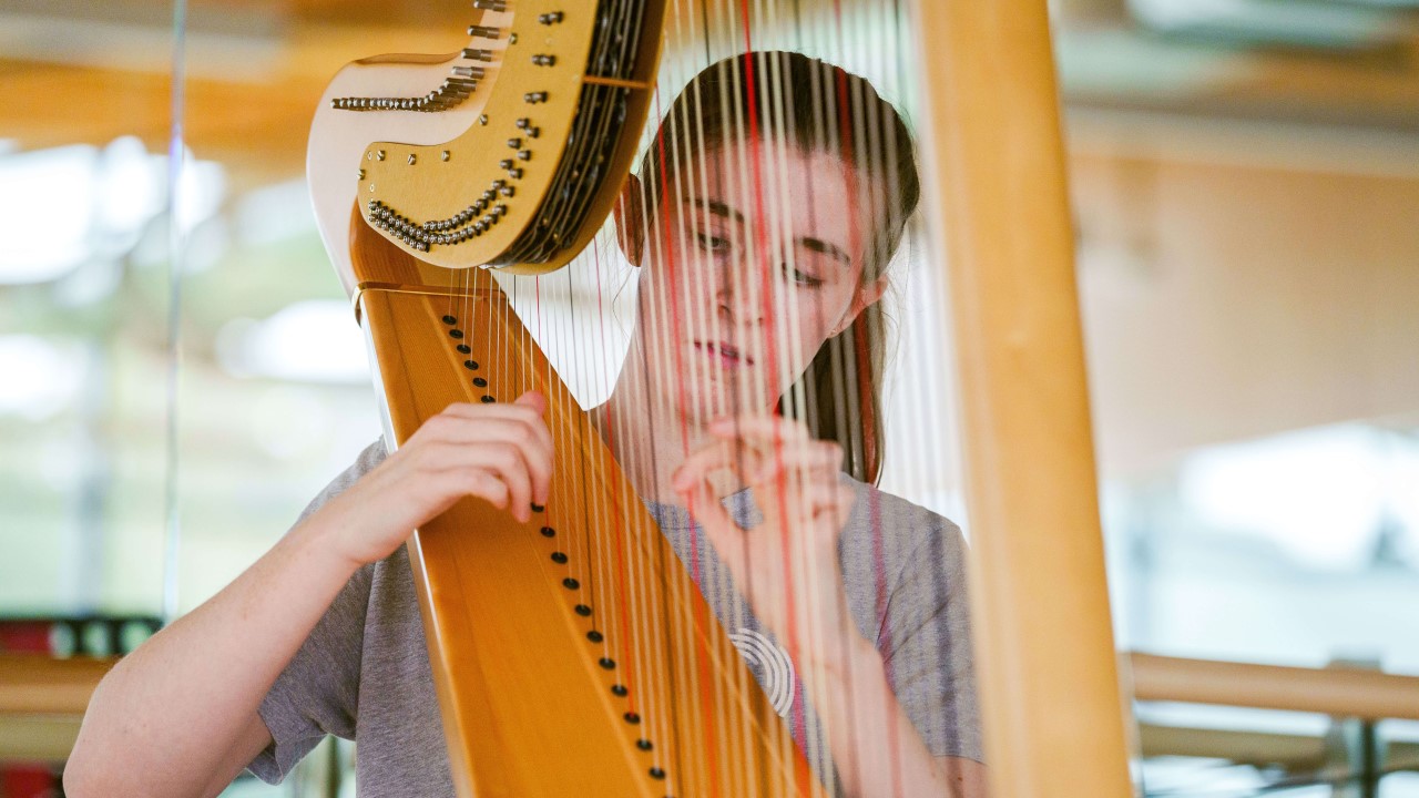 A close-up picture of a young woman playing a harp.