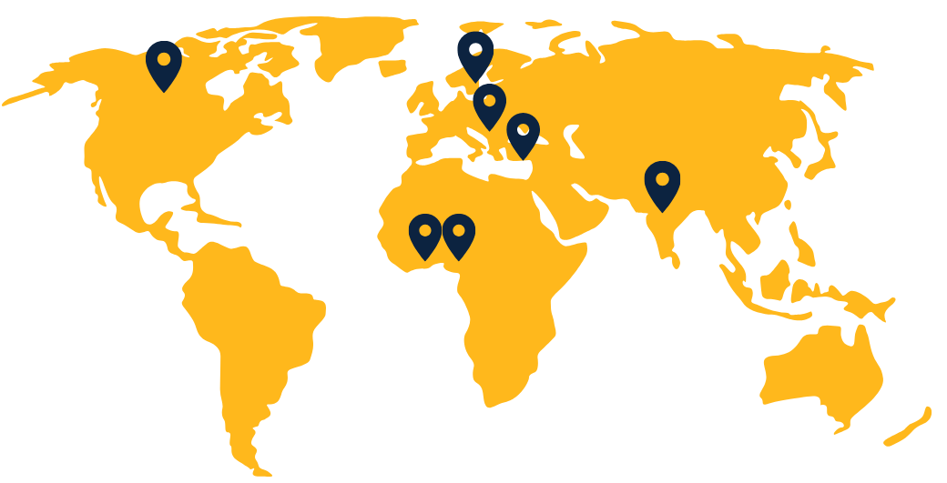 World map with pin points illustrating locations around the world where Quinnipiac students study