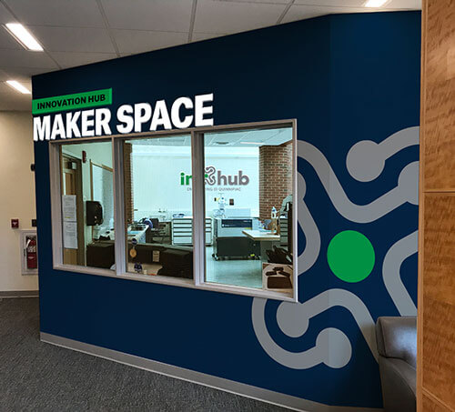 Outside the Maker Space Innovation Hub at Quinnipiac