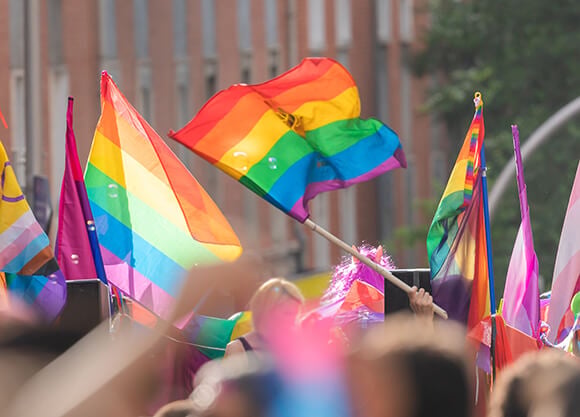 Pride flags being held up.