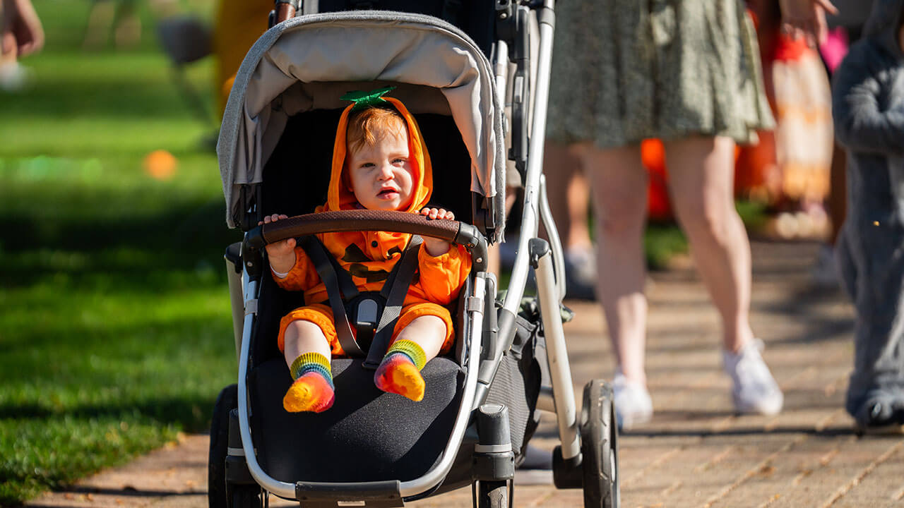 Little boy in a stroller dressed up as a pumpkin