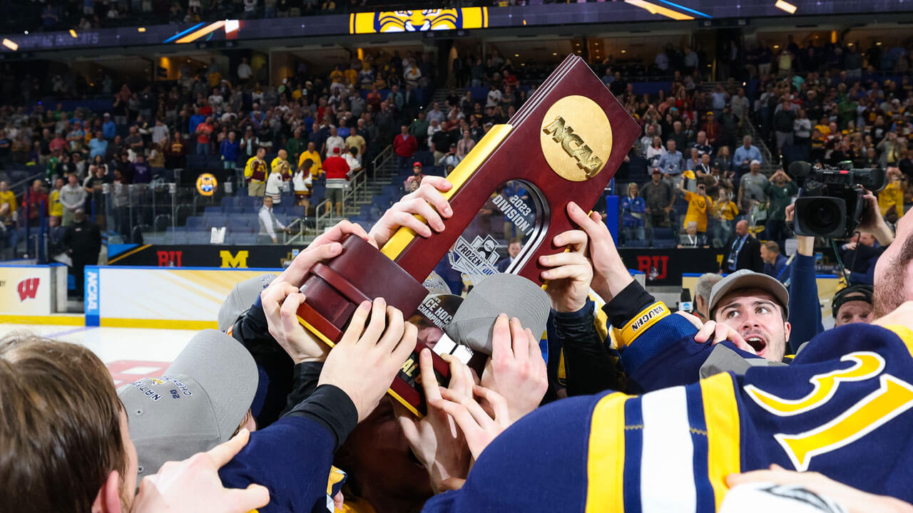 The Bobcats hoist the national championship trophy after stunning Minnesota in overtime.