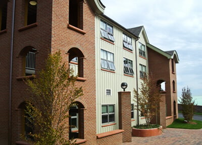 Exterior view of the Townhouses apartment buildings on the York Hill Campus