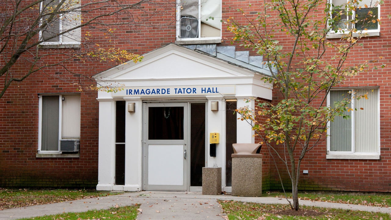 The entrance into the Irma residence hall
