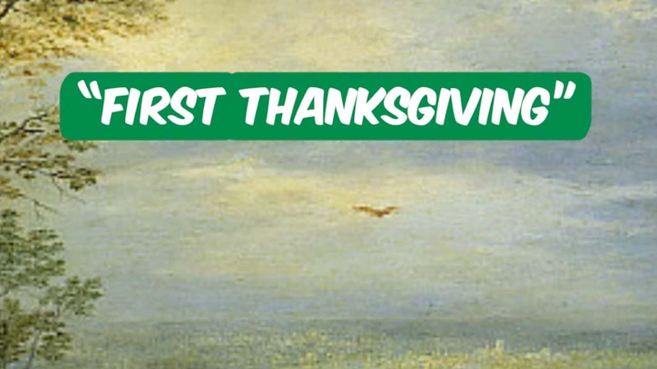 "First Thanksgiving" in text over an old painting of the sky, plays video