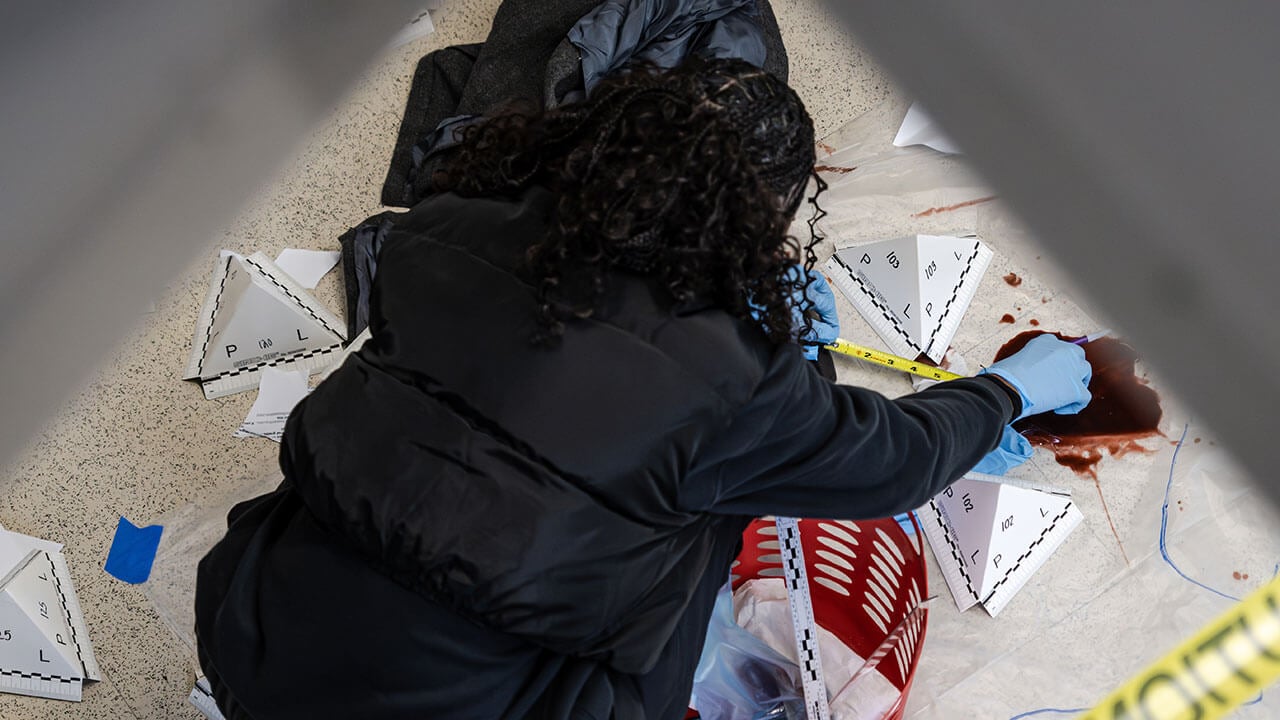 Professor Lisa Kaplan organizes a crime scene exercise for students pursuing a minor in forensic science.