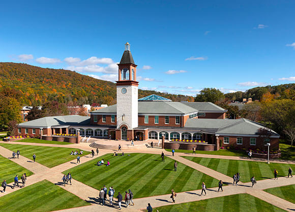 Students walking in campus courtyard, aerial shot