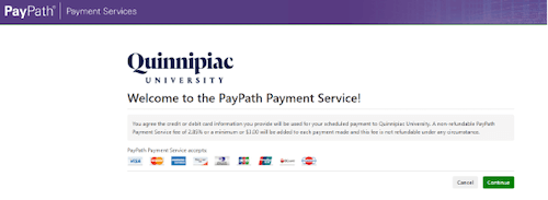 Credit cards are processed by PayPath, QU’s credit card processor.  Click continue to proceed to the processor.
