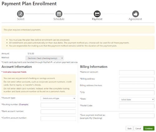 16.	Enter the bank account information to use to schedule payment plan payments (and an any down payment).  There is an option to save bank account information for future use.