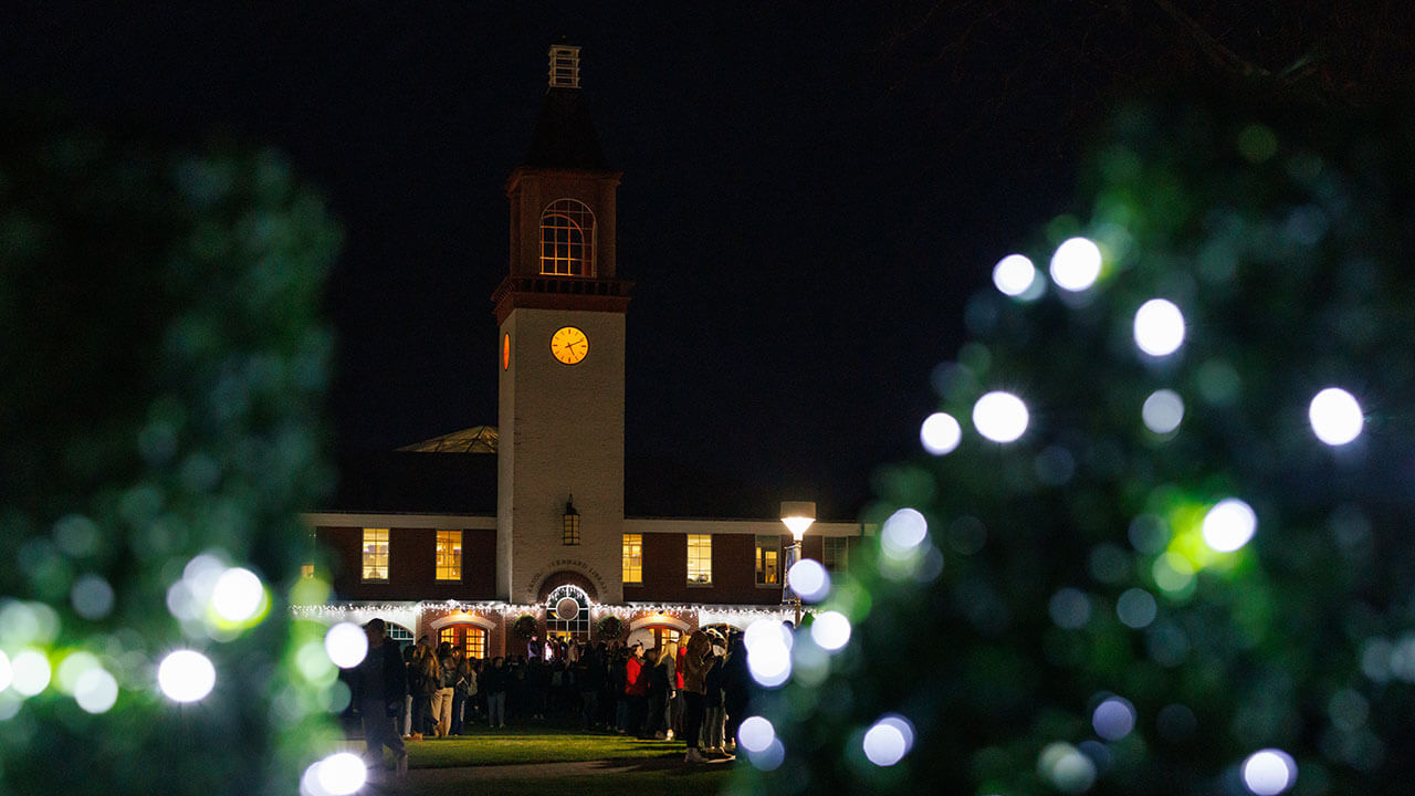 Overview of the Quad with lit holiday lights