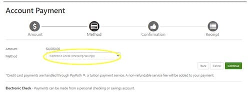 Select Electronic Check (checking/savings) and click Continue.
