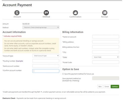 Enter the bank account information to use for this payment and click Continue.