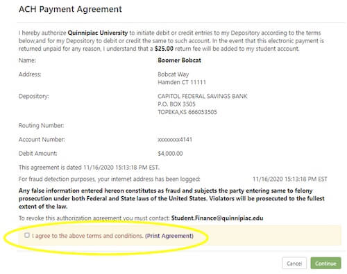 A pop-up window will display the ACH Payment Agreement.