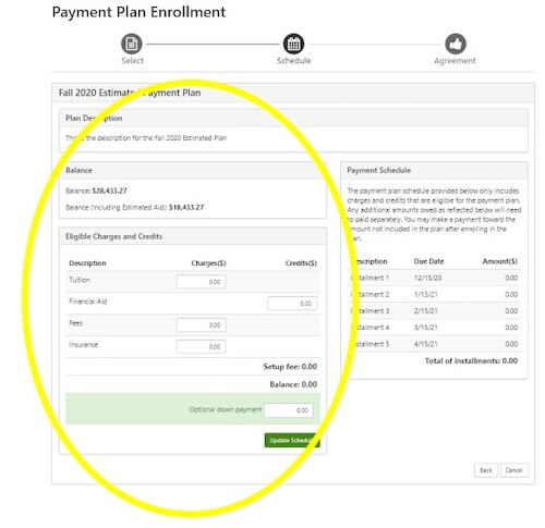 Payment plans are calculated by values that the student or proxy enters into the Eligible Charges and Credits Worksheet