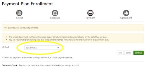 Select the payment method to use for all payment plan payments (and down payment, if applicable.)