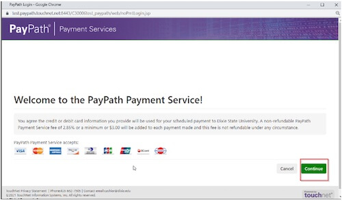 The PayPath application opens. Click the Continue button.