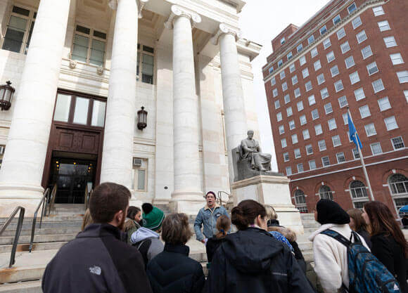 Quinnipiac students tour downtown New Haven, Connecticut as part of a service learning course.